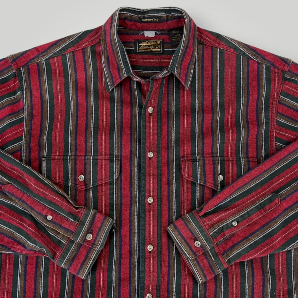 Vintage Eddie Bauer McKinley Cloth Striped Flannel Shirt Mens Large USA Red